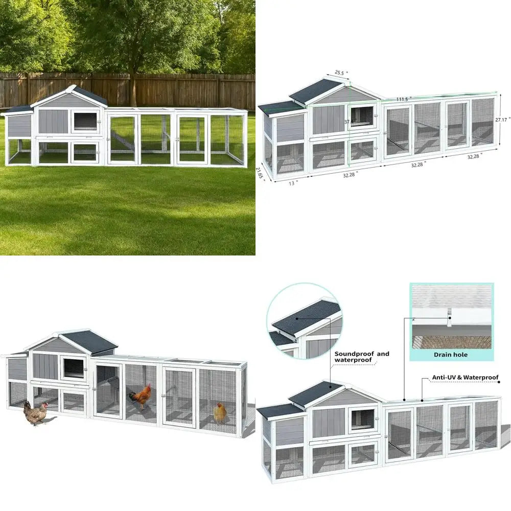 115" Wooden Chicken Coop - Large Outdoor Hen House With Run For 2-6 Chickens, Weatherproof Poultry Cage