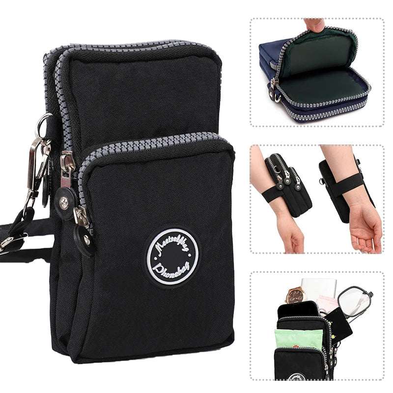 Multifunctional triple zipper nylon ladies crossbody bag portable daily running arm bag hundred shoulder cell phone bag