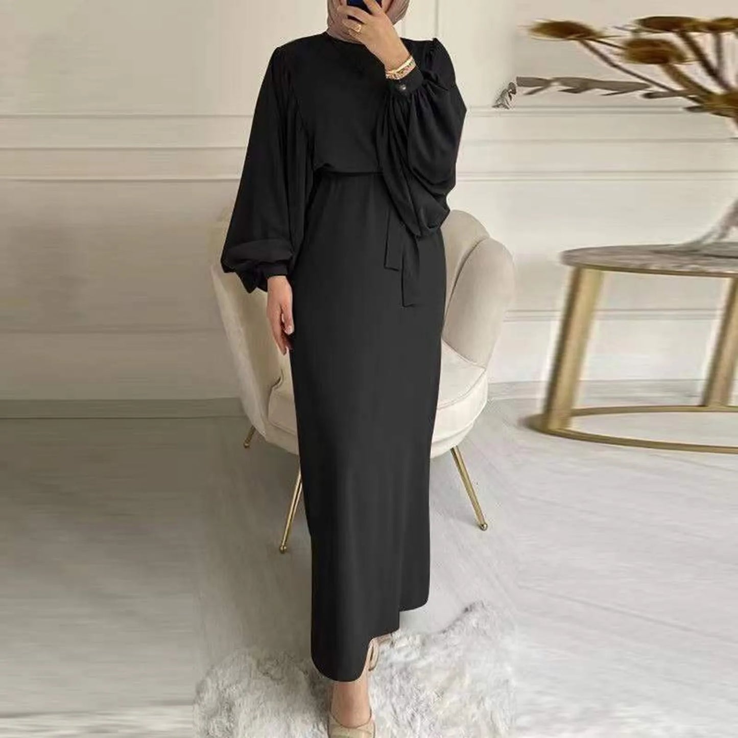 Abaya Kaftan Dress 2025 Women'spring Solid Muslim Dress Fashion Long Sleeved O-neck Sundress Casual Maxi Robe Femme
