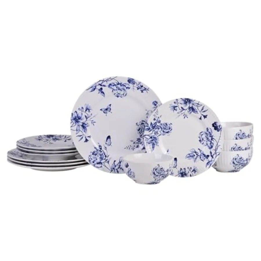 12-Piece Porcelain Dinnerware Set For 4 White Blue Plates And Bowls With Embossed Toile Pattern Glossy Ceramic Kitchen Dishes M