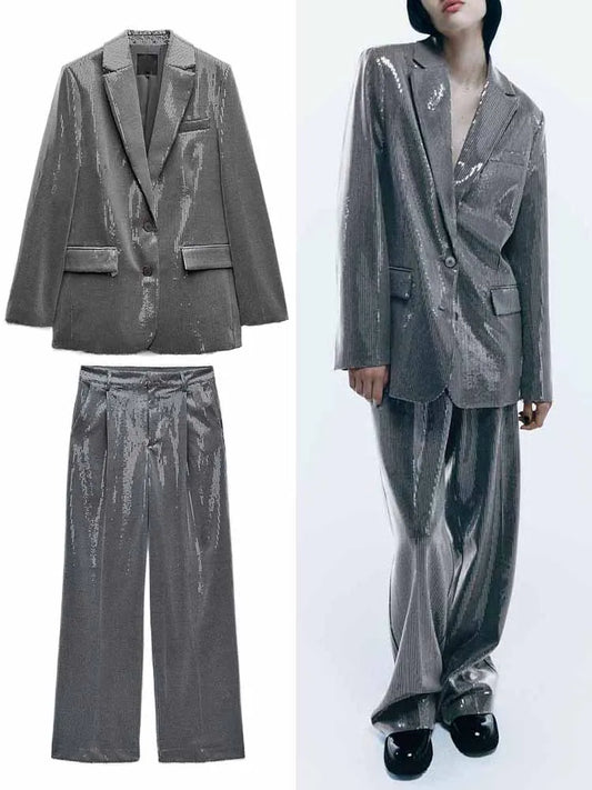 2024 New Elegant Women Fashion Sequins Long-Sleeved Commuter Jacket Autumn Single-Breasted V-Neck Blazer Straight Pants 2Piece