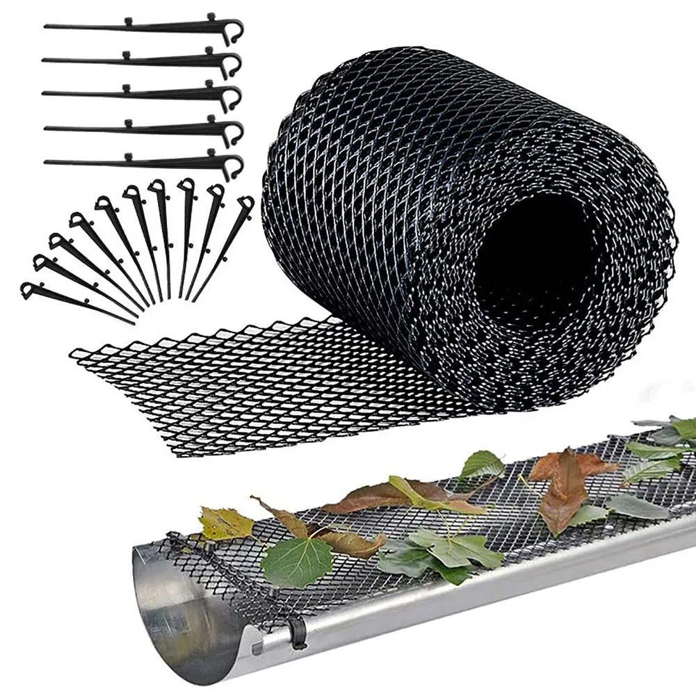 15Cmx 6M Mesh Gutter Guard Leaf Protection Mat Guttering Block Leaves Prevent Clogging Garden Protection Net With Fixing Pin