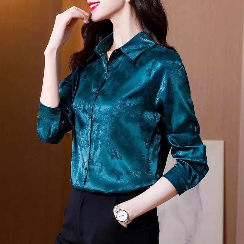 Satin Women Shirt Spring/Summer Silk Vintage Prints Blouses Loose Women Tops Floral Long Sleeves Fashion Clothing