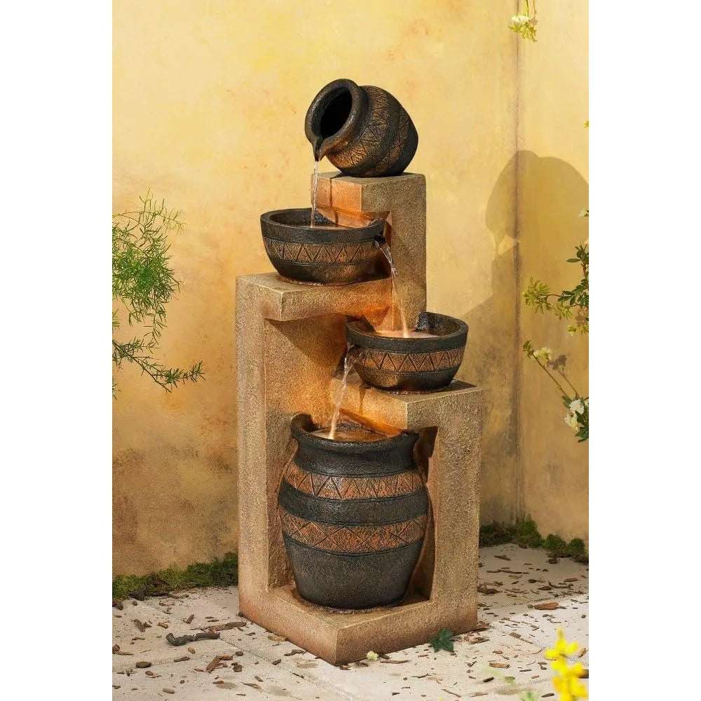 46 inch high stone bowl and jar fountain with LED lights for garden leisure outdoor balcony, rustic style ground fountain