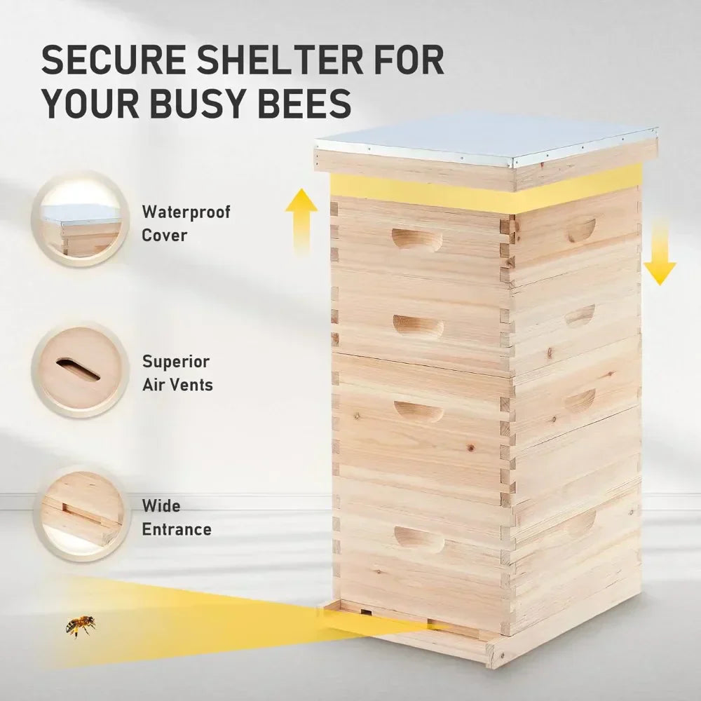 4-Layer Bee Hive Boxes Starter Kit - Complete Beehive with 20 Medium & 20 Deep Frames for Beekeeping