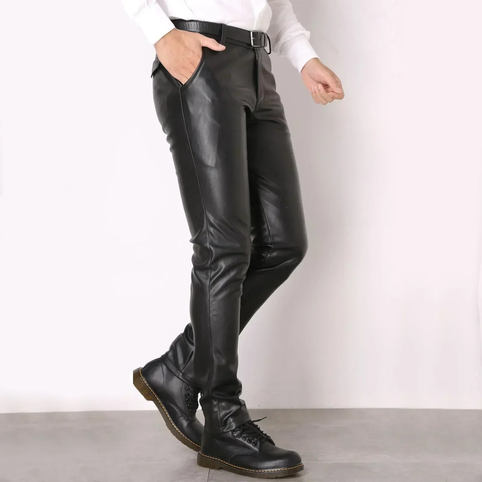 PU Leather Pants Menlim Fit Motorcycle Trousers Tight Elastic Trend Cycling Faux Leather Pencil Pants Rock Style Skinny Pants
