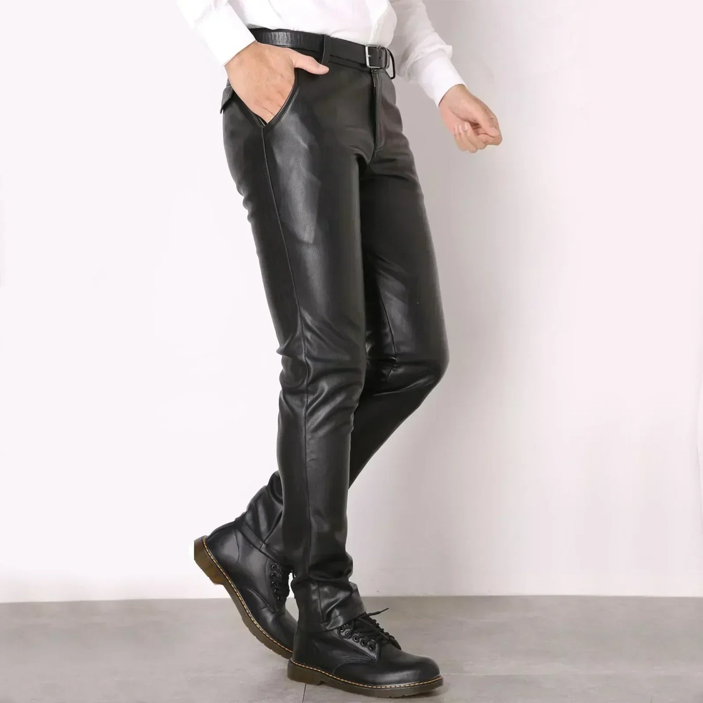 Pu Leather Pants Men'S Slim Fit Motorcycle Trousers Tight Elastic Trend Cycling Faux Leather Pencil Pants Rock Style Skinny Pants