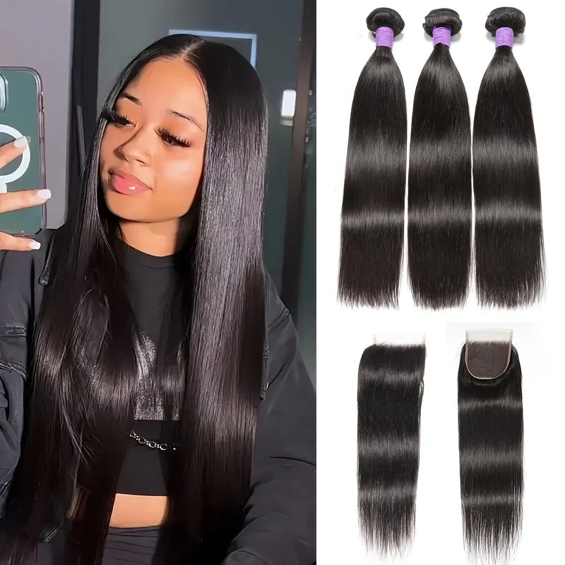 United Statesian Straight Hair With 5X5 Closure 100% Human Hair 3 Bund