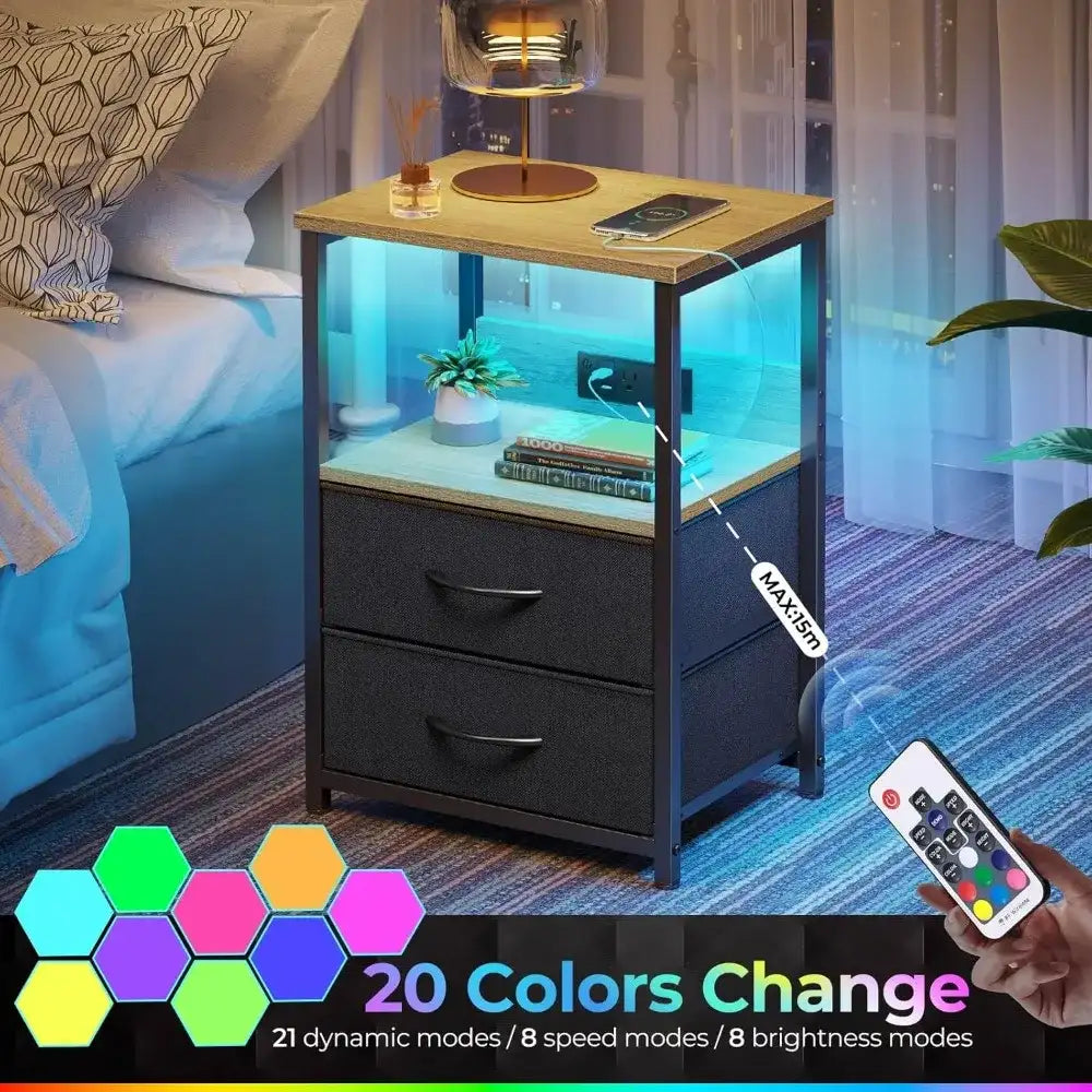 Nightstand Set of 2 with Charging Station, with LED Lights and 2 Fabric Drawers, 3-Tier Storage End Table for Bedroom, Greige