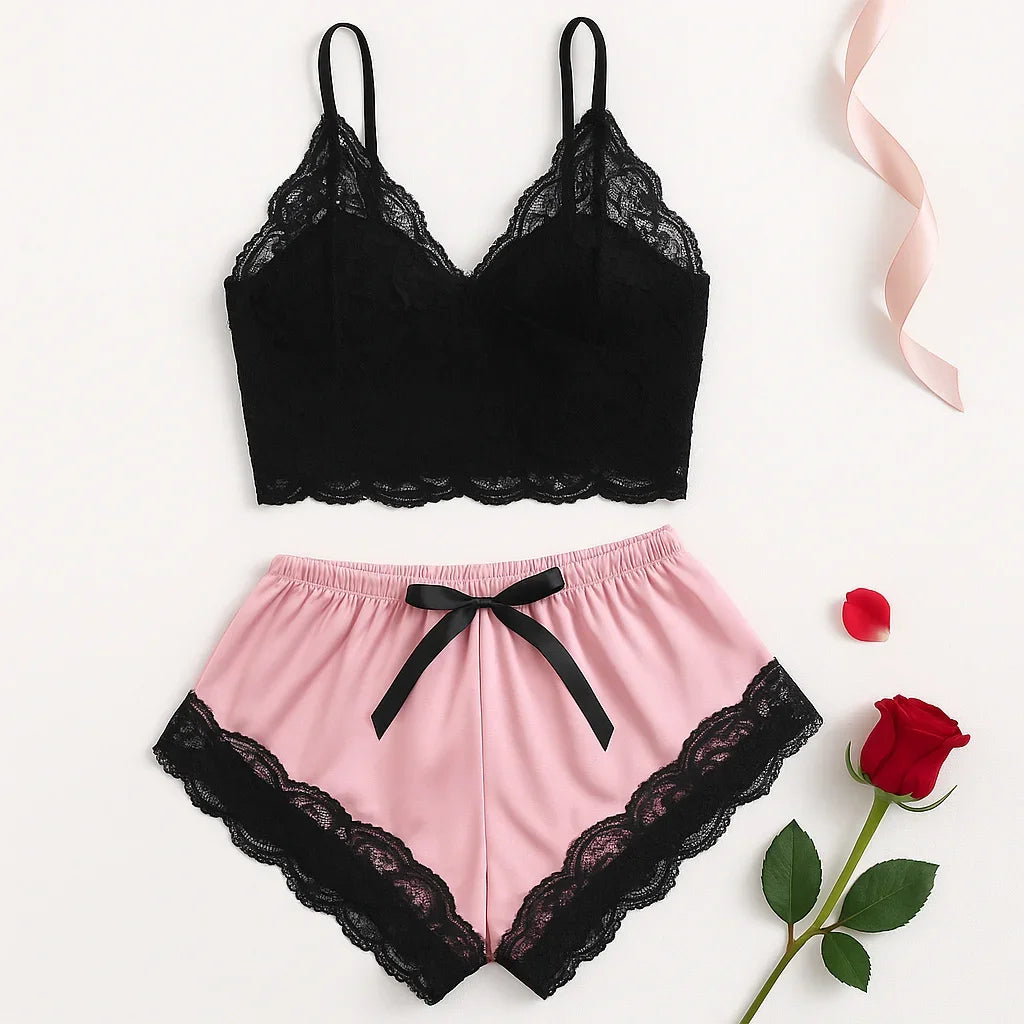 WoMen's 2 Piece Cute Lace Pajama Set See-Through Bralette Cami Top And Shorts Breathable Sleepwear Plus Size Summer Lingerie