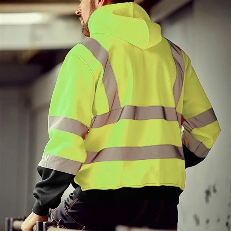 Men Winter Reflective Hoodie Sweatshirts Long Sleeve Geometric Pattern Casual High Visibility Tops with Side Zipper