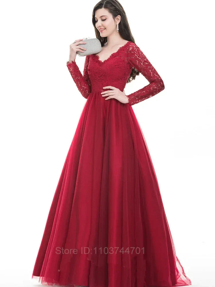 Wedding Dresses Deep V Neck Sequin Wedding Dress Women Red Long Lace Sleeve Dress Evening Party Maxi Dresses