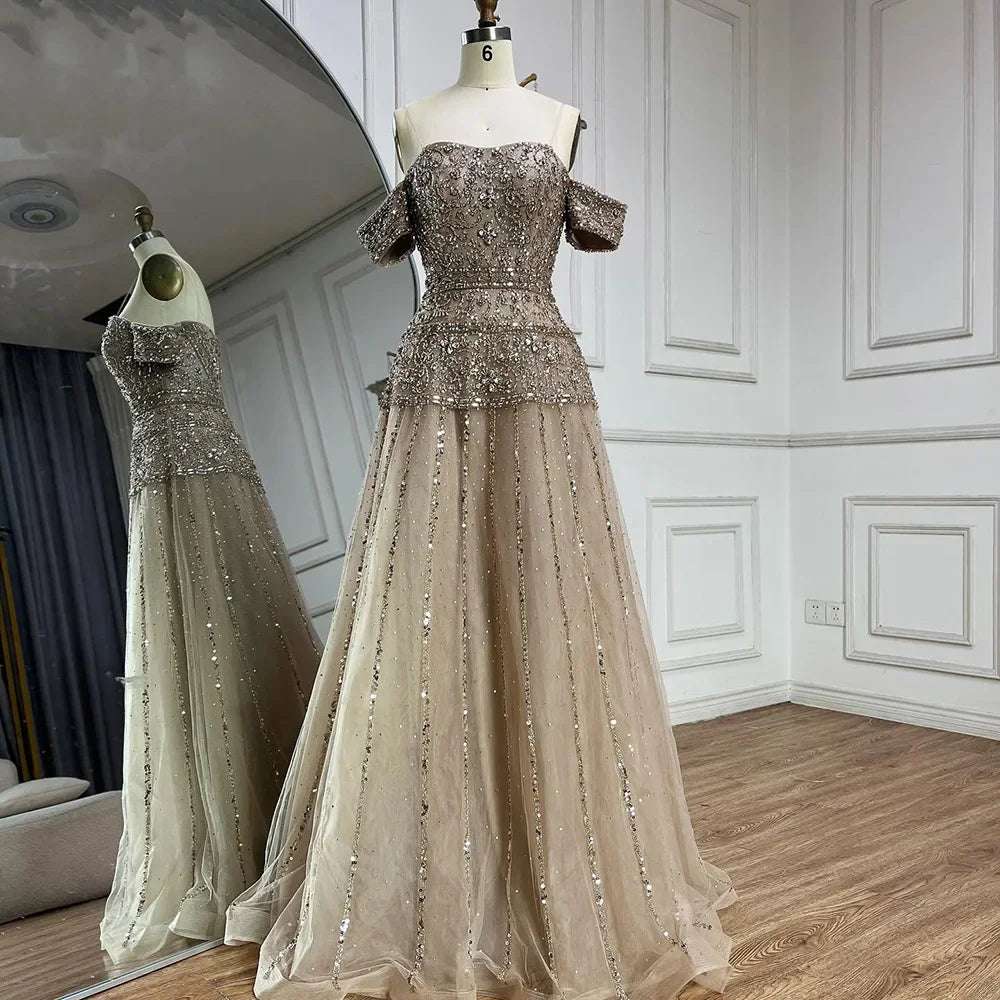 Serene Hill 2025 Off The Shoulder A-Line Caramel Beaded  Evening Dress for  Occasion Saudi LA72709 Customized
