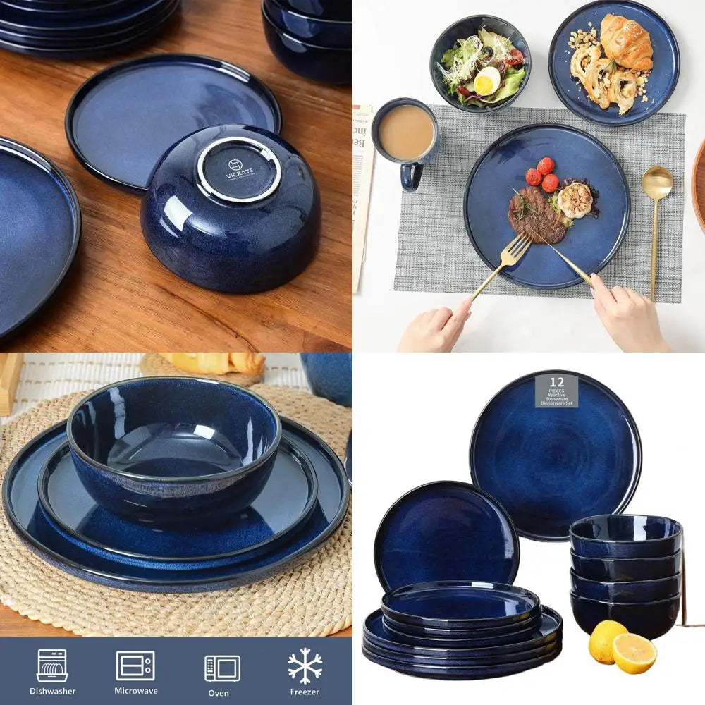 12-Piece Dinnerware Set: Dinner & Salad Plates, Cereal Bowls For 4 - Durable, Microwave & Dishwasher Safe - Blue