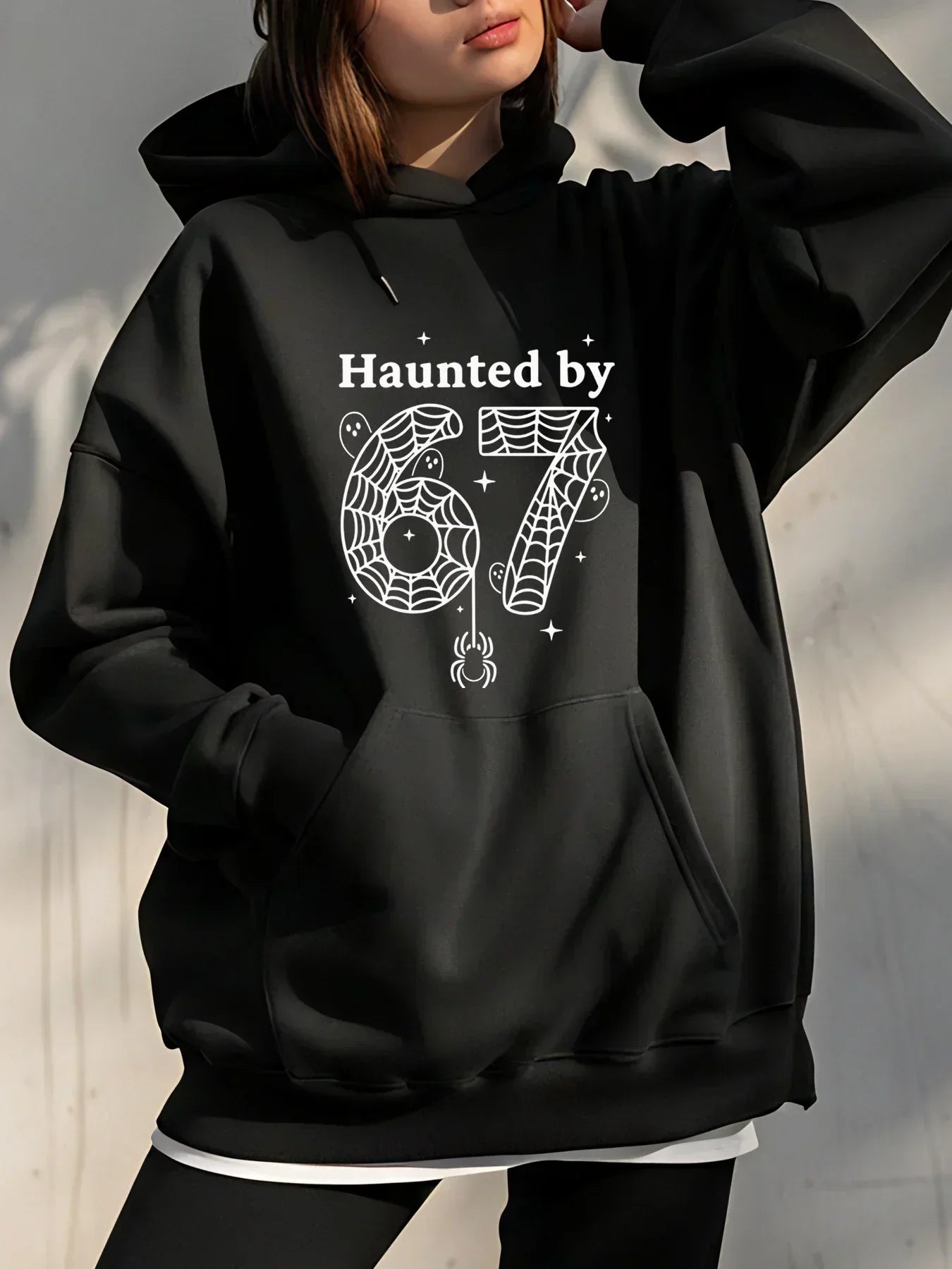 Haunted By 67 Spider Web Print Hoodie “ Women'S Halloween Sweatshirt, Plus Size Pullover