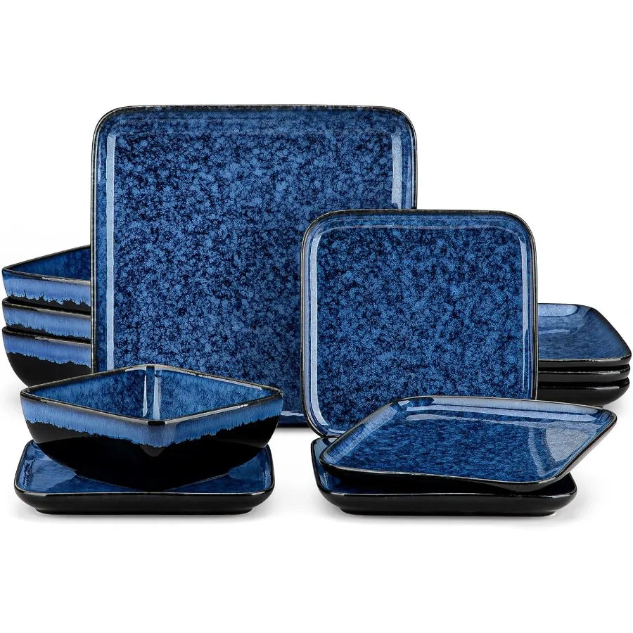 Stern Blue Dinner Set Square Reactive Glaze Tableware 12 Pieces Kitchen Dinnerware Stoneware Crockery Set With Dinner Plate Des