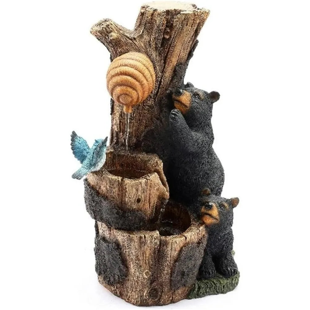 LuxenHome 22" H Water Fountain Outdoor Bear and Honey Beehive Tree Resin Outdoor Patio & Garden Fountain with Lights Farmhouse G