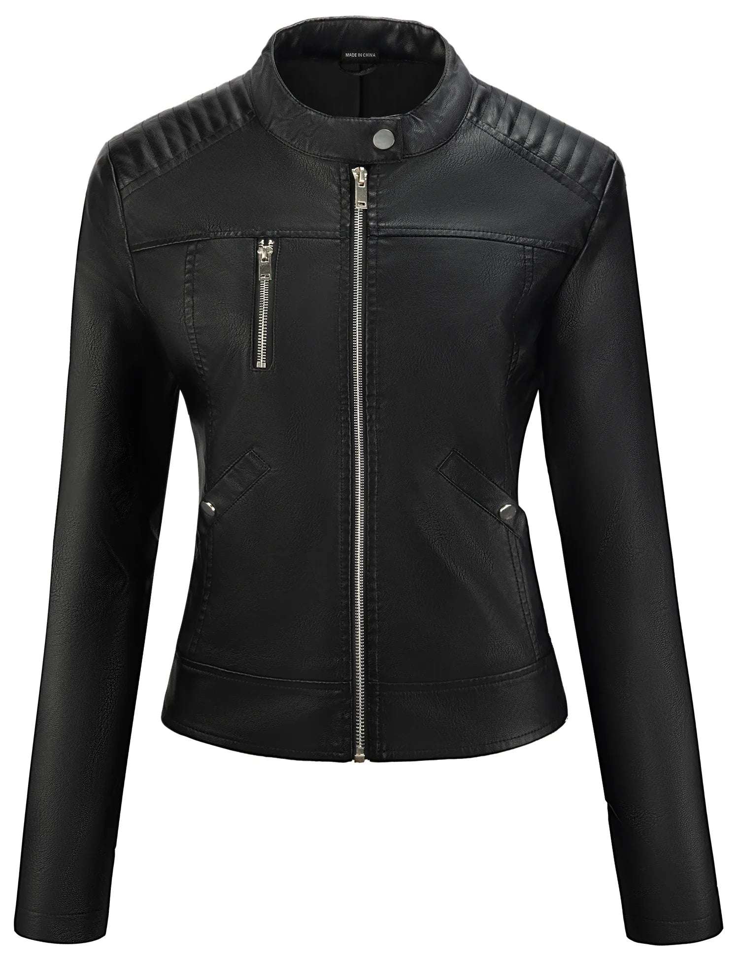 URBEST Women Faux Leather Jacket Black Motorcycle Moto Biker Short Coat