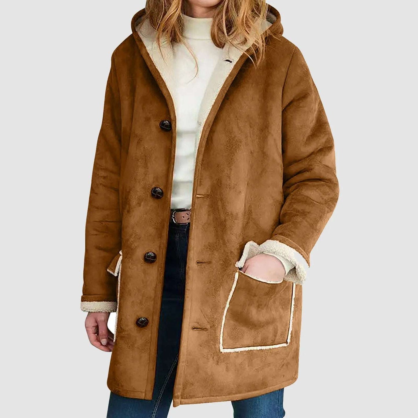 Winter Suede Leather Jackets For Women'Streetwear Ladies Warm Hooded Thick Outerwear Casual Button Down Cardigan Fleece Jacket