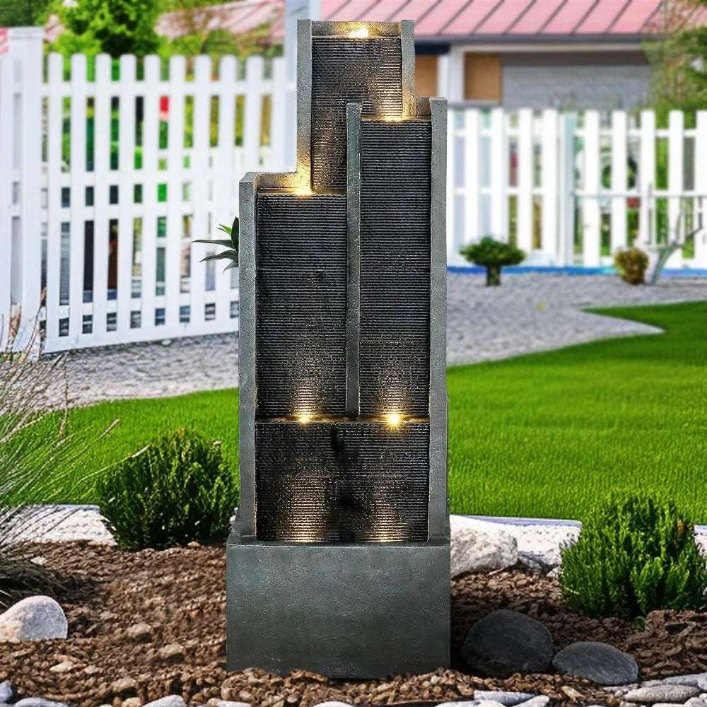 3-Tier Modern Cascading Fountain With Led Lights 50.7In Indoor & Outdoor Waterfall