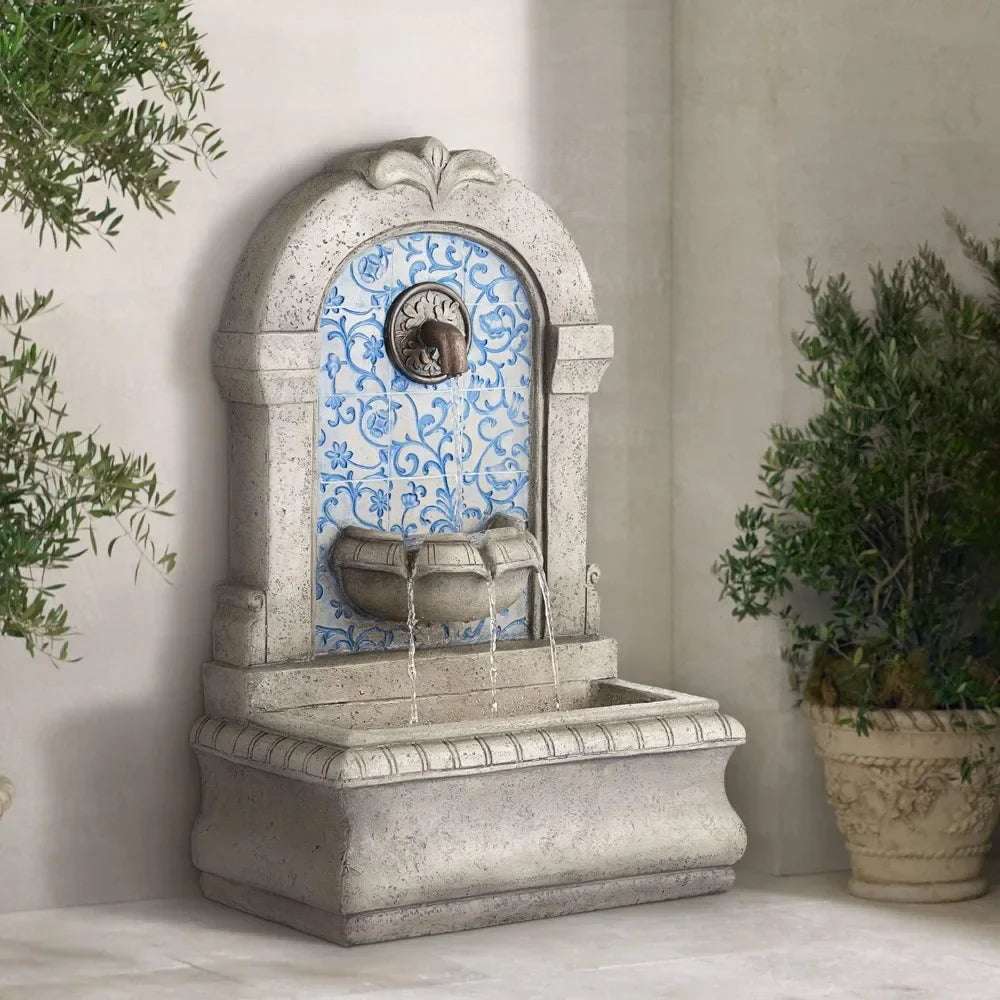 Modern Outdoor Floor Water Fountain Stone Classic Blue Tile Mosaic 30 1/4" for Garden Patio Backyard Deck Home Lawn