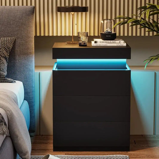 Nightstand with Charging Station and LED Lights, Night Stand with Sliding Top, Bedside Table with Drawers, Modern End Side Table