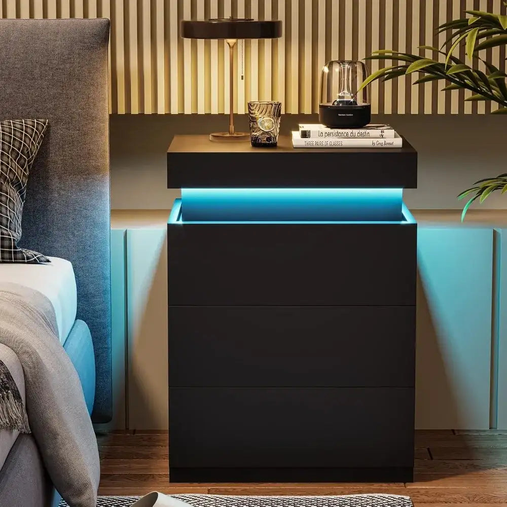 Nightstand with Charging Station and LED Lights, Night Stand with Sliding Top, Bedside Table with Drawers, Modern End Side Table
