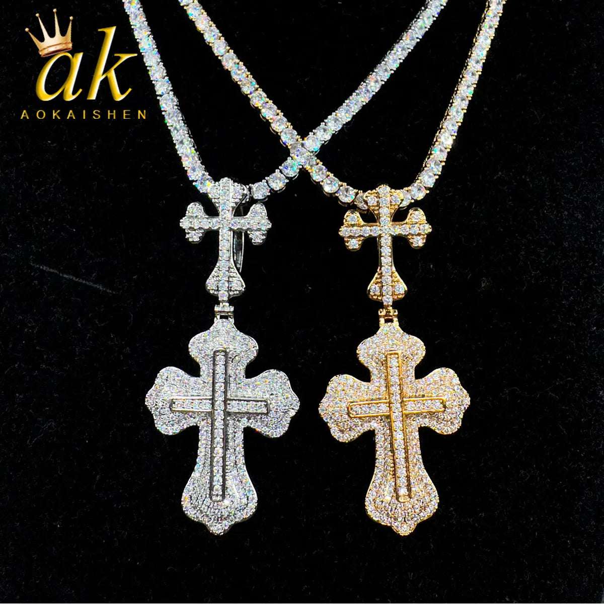 Aokaishen Iced Out Cross Necklace for Men Prong Setting Pendant Charms Real Copper Hip Hop Jewelry