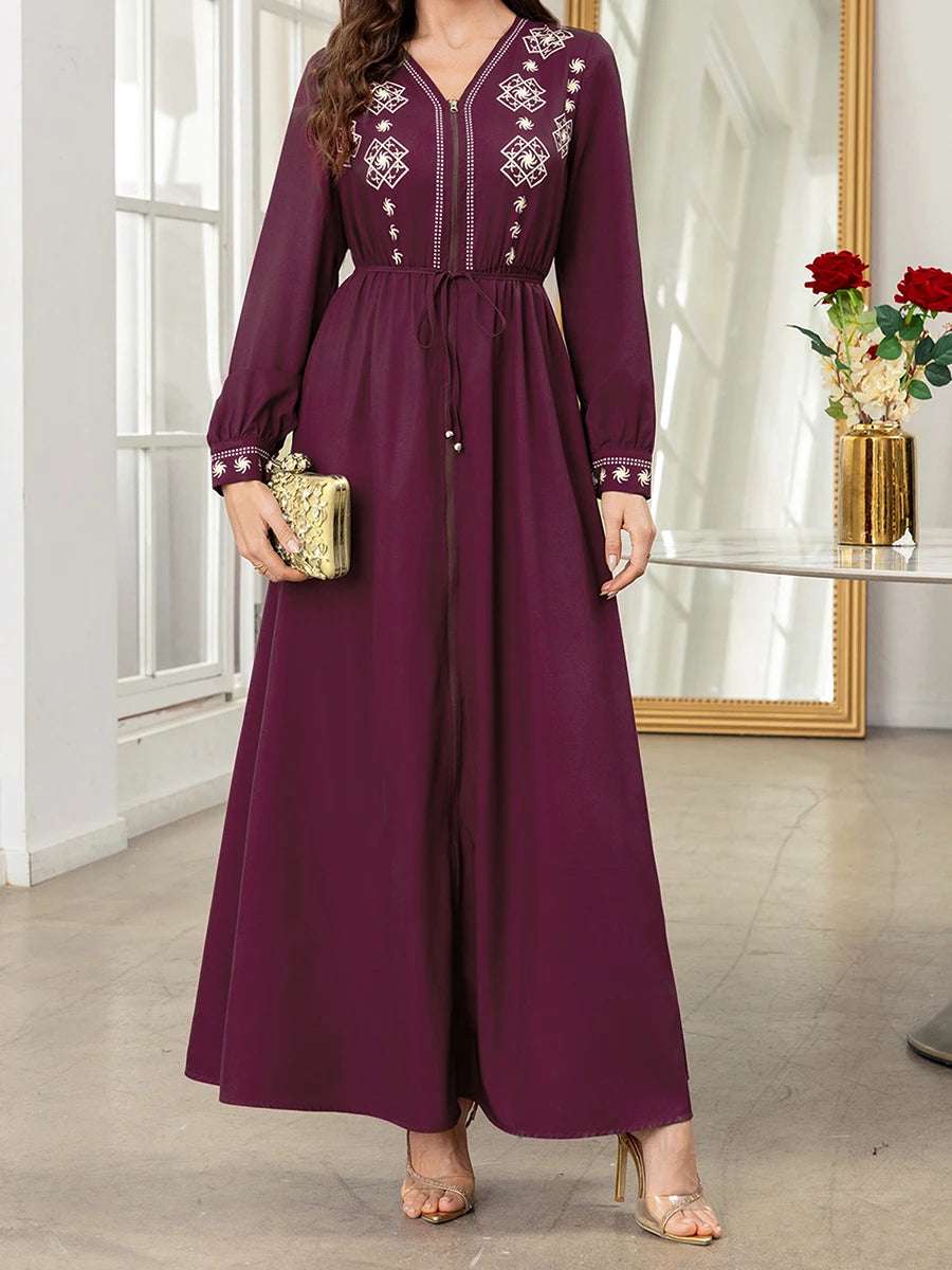Elegant Floral Print Maxi Dress Abaya Robe with Long Sleeves and V Neckline Stylish Zip Up Loose Kaftan Dress for Women