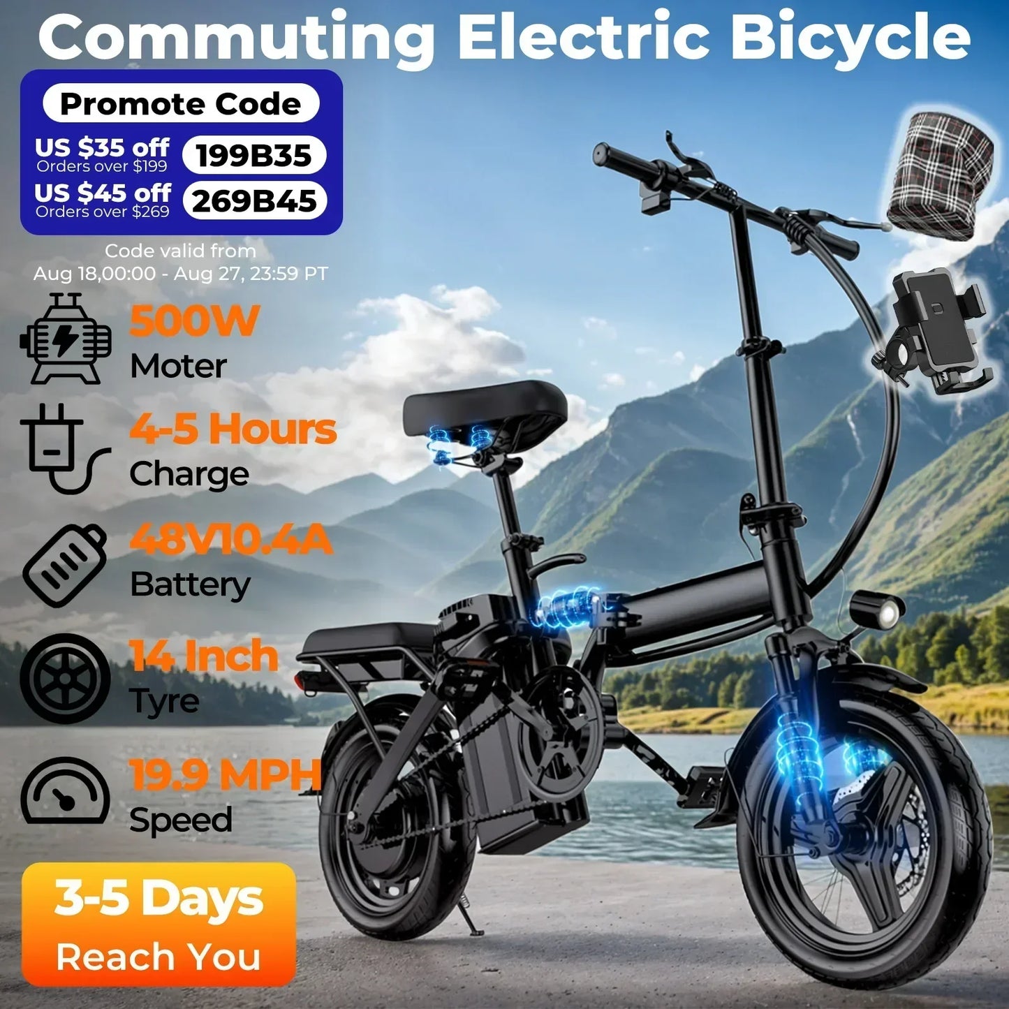 Lelekuai 500W Adult Electric Bike, 20 Mph, 48V 10.4Ah Removable Battery, 14" Foldable Electric Bike, Multi-Shock Absorption