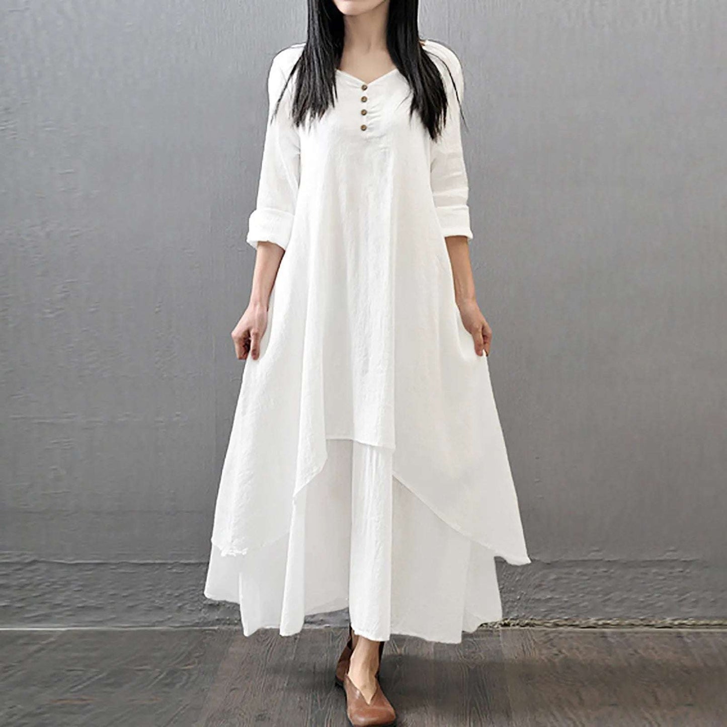 Women Linen White Dresses Bohemia Layering Vintage Robe Long Sleeve Loose Long Dress Female Autumn Vestidos