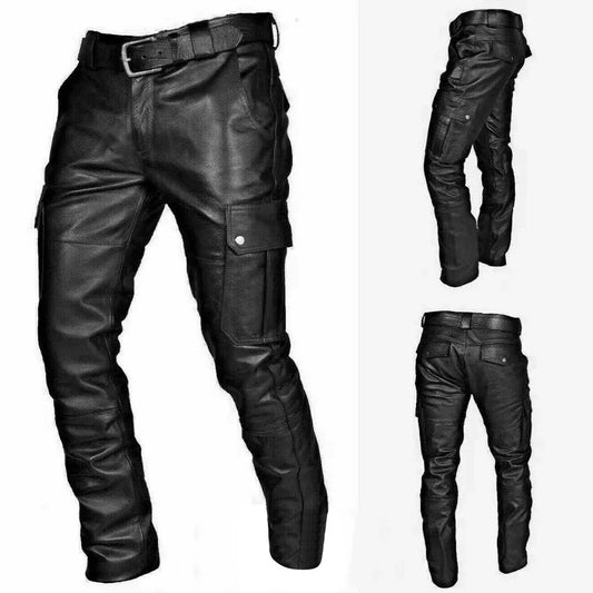 Fashion Skinny Black Men's PU Leather Pants Retro Goth Slim Fit Button Solid Color Small Feet Pant Long Trousers Streetwear