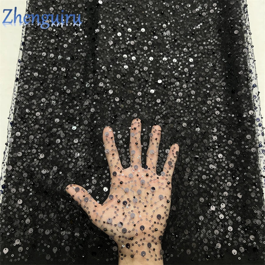 2025 French Tulle Lace Fabric African Heavy Silver Sequins Lace Fabric High Quality For Bridal Dress Luxury Evening Dress A3490