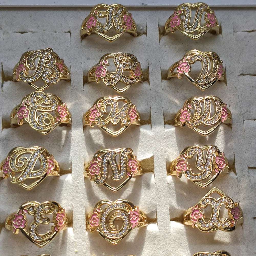 DUOYING Custom Initials Heart Adjustable Ring For WoMen's Personalized Enamel Flower A-Z Letter Rings Hiphop Fashion Jewelry Gifts