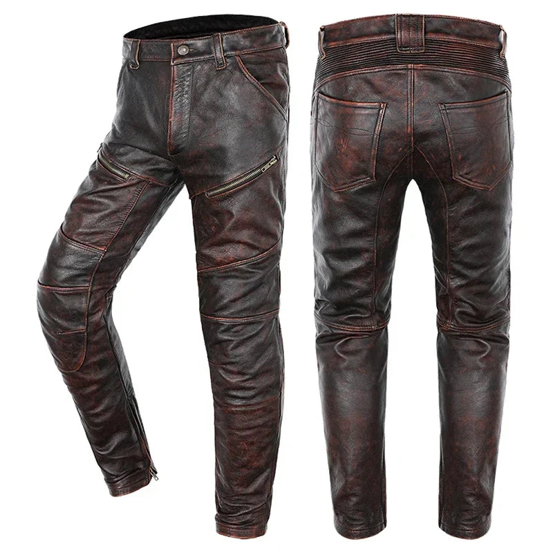 New Motorcycle Genuine Leather Pant Men's Thick Cowhide Vintage Brown Trousers For Men High Quality Moto Biker Slim Pants