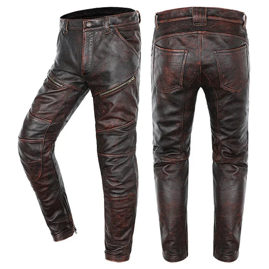 New Motorcycle Genuine Leather Pant Men's Thick Cowhide Vintage Brown Trousers For Men High Quality Moto Biker Slim Pants