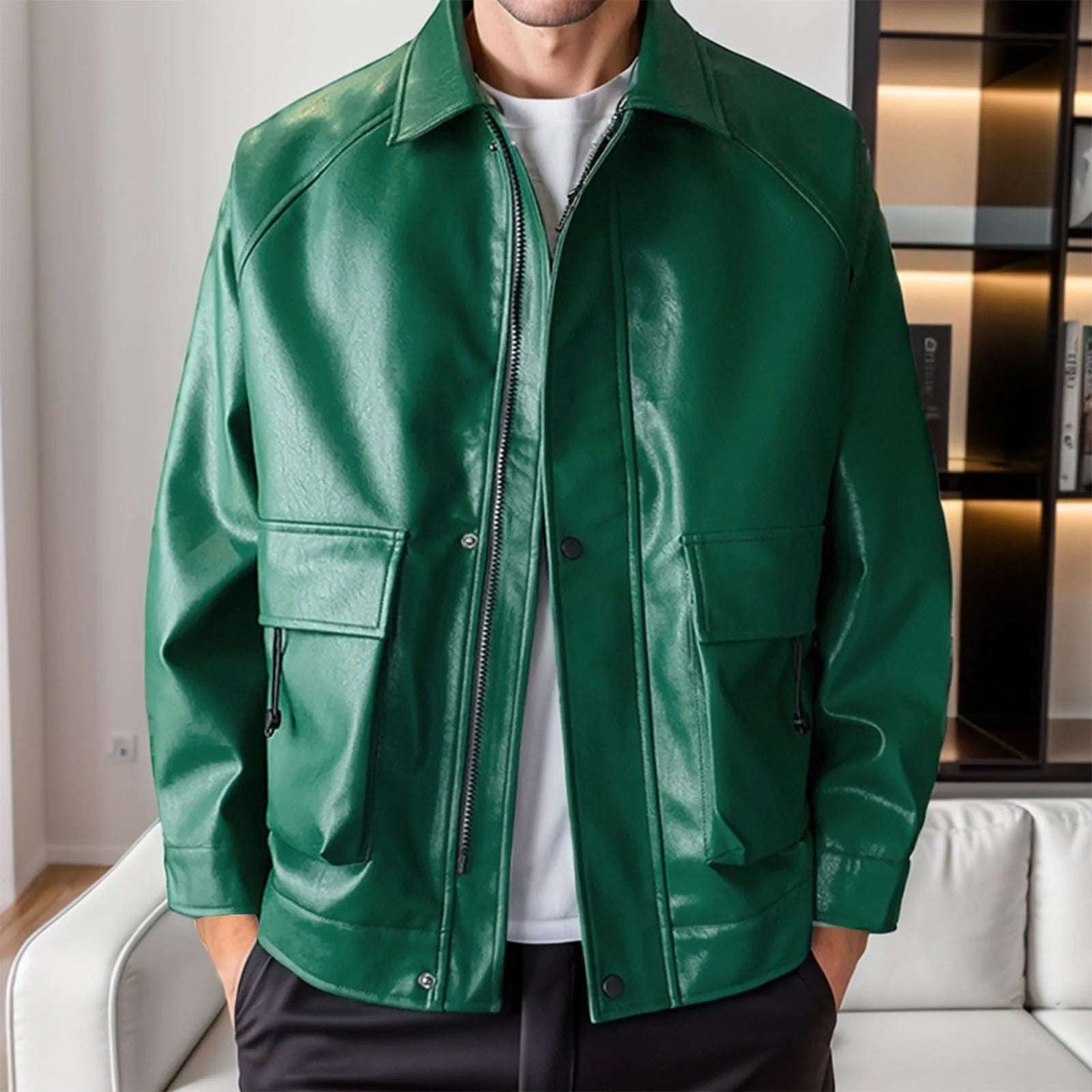 Male Solid Faux Leather Jacket Street Style Cool Soft Faux Leather Lapel Workwear Style Double Pocket Long Sleeve Leather Coat