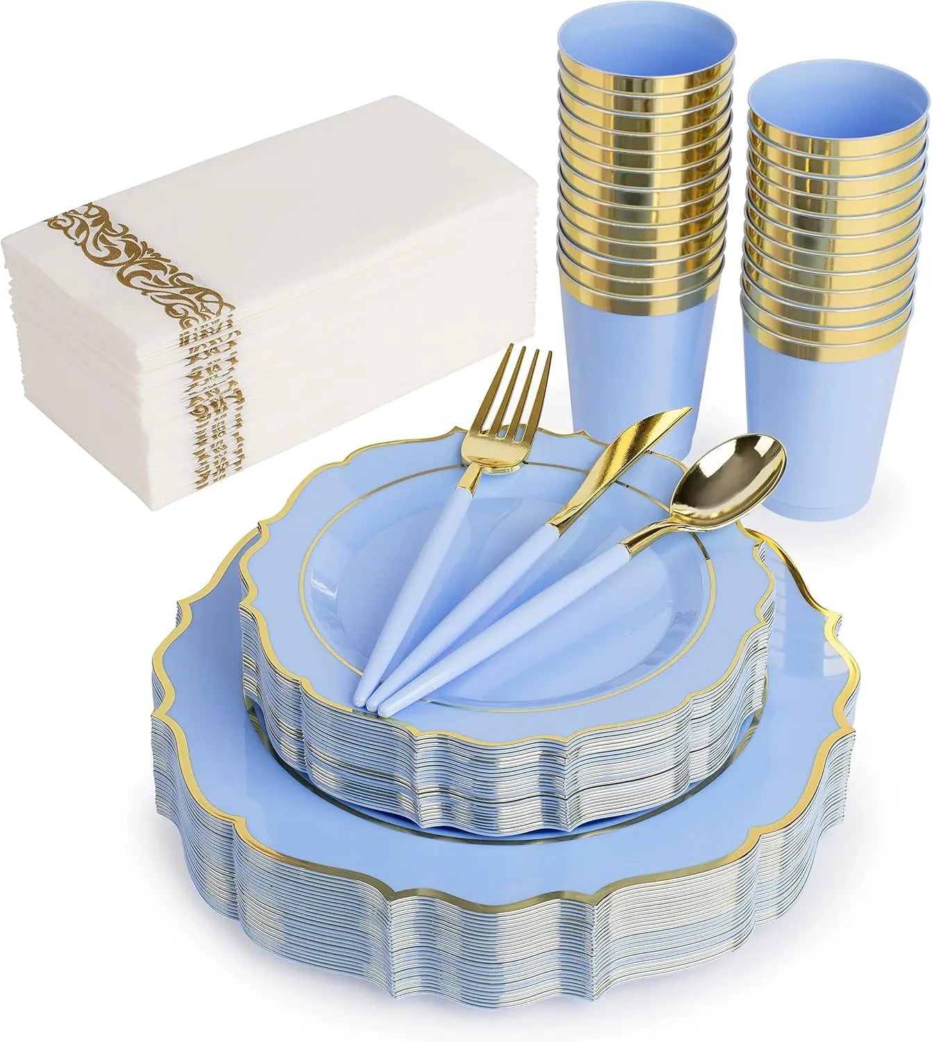 175Pcs Blue Gold Disposable Dinnerware Set For 25 Guests, Plastic Plates Cups Napkins Cutlery Baby Shower Birthday Wedding Party