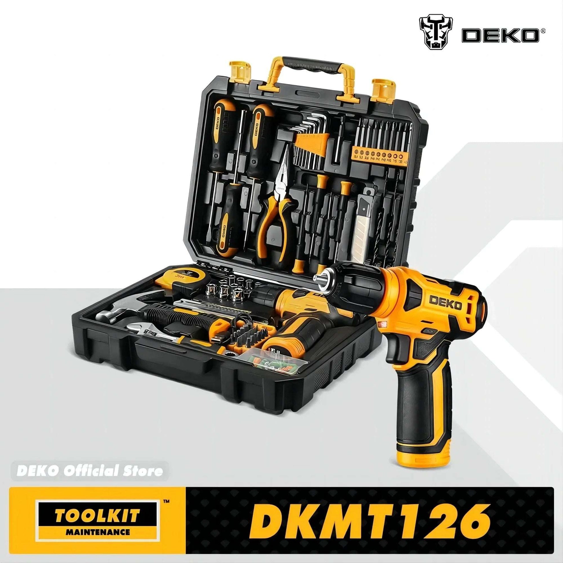 DEKO 126Pcs Power Tool Combo Kits with 8V Cordless Drill,10MM 3/8'' Keyless Chuck, Professional Home household DIY Hand Tool Kits