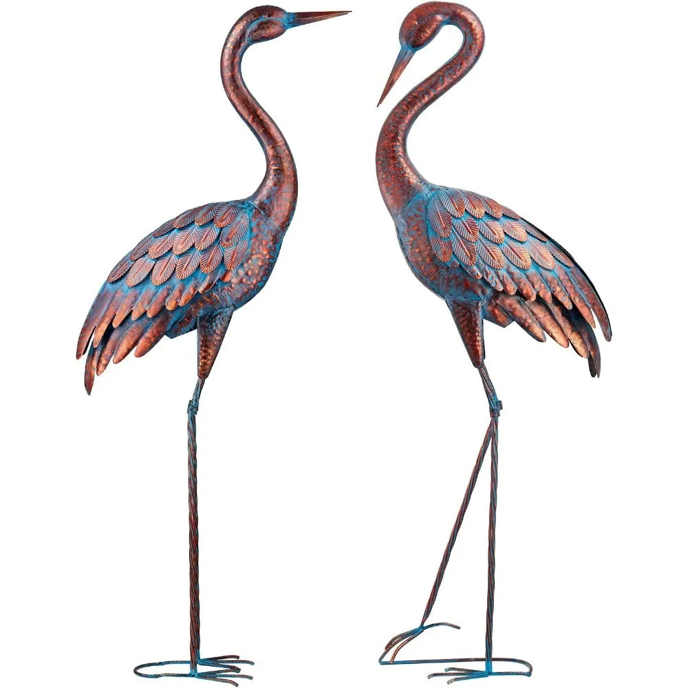 Outdoor Garden Statue Patina Heron Bait, Standing Metal Crane Sculpture Outdoor Decoration Bird Academy Art, 2-piece Set
