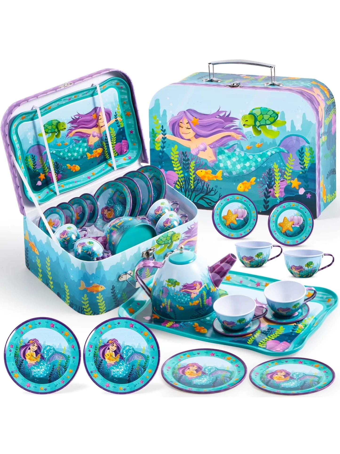 Joyfy Mermaid Tea Party Set – Princess Pretend Play Tin Teapot Kitchen Toy for Girls Ages 2–6