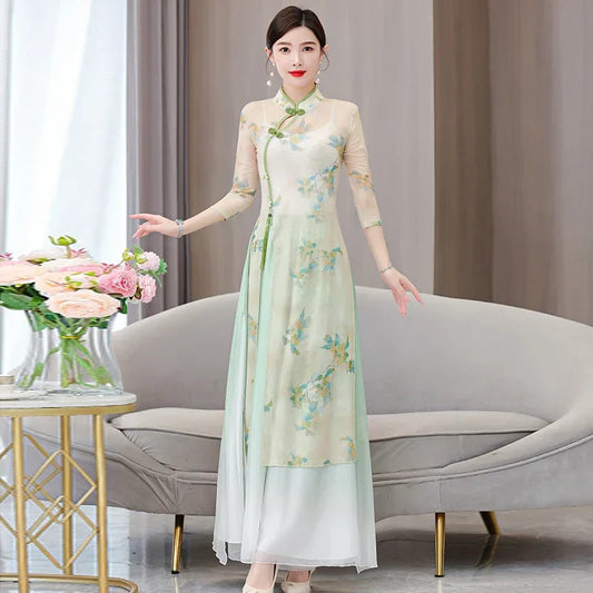 Chinese Cheongsam Womenumer Dress Thin Vietnam Ao dai Include Pants New