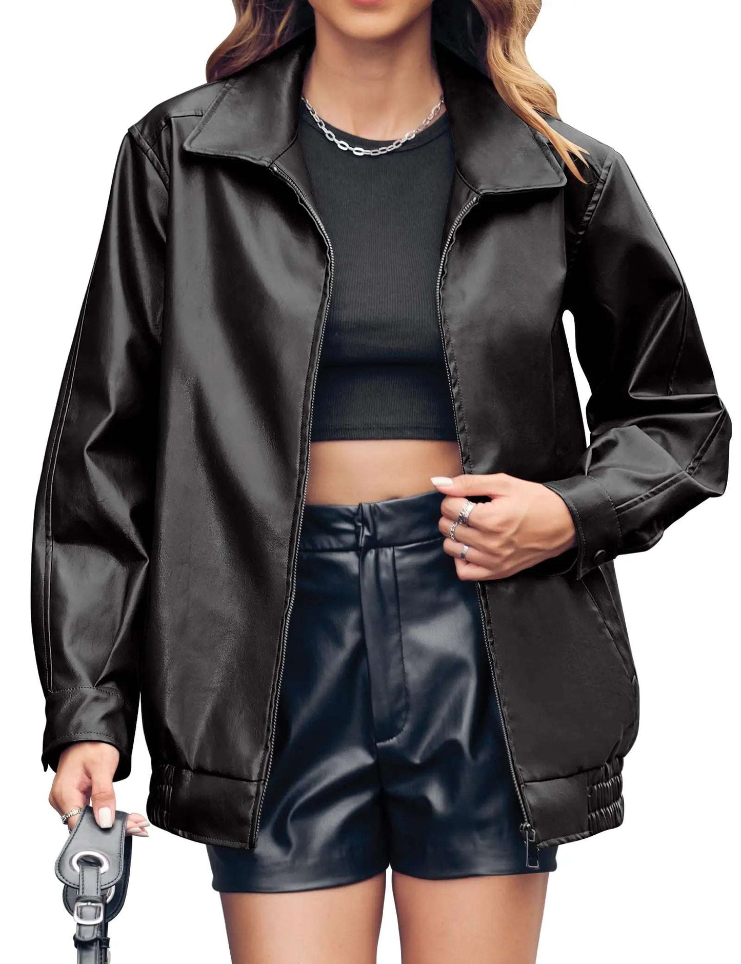 Fashion Women Oversized Faux Leather Jackets Casual Zip Up Trendy Bomber Motorcycle Windproof Jacket With Pockets