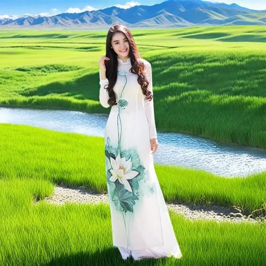 Vietnam Audrey Cheongsam dress Dress Cheongsam Lotus set cheongsam long dress improved Vietnam Audrey Ao Dai qipao dance dress