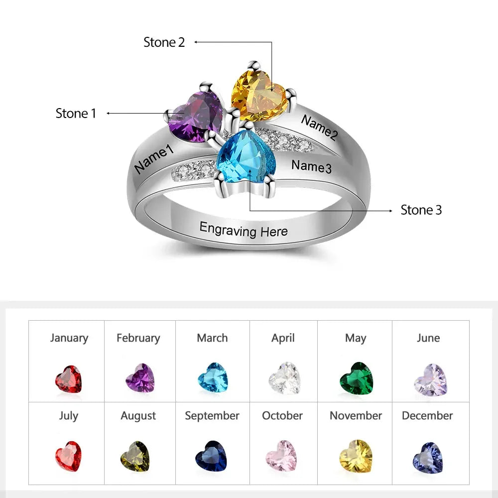 925 Sterling Silver Personalized Mothers Ring with 2-6 Heart Birthstone Custom Name Engagement Promise Rings for Women Grandma