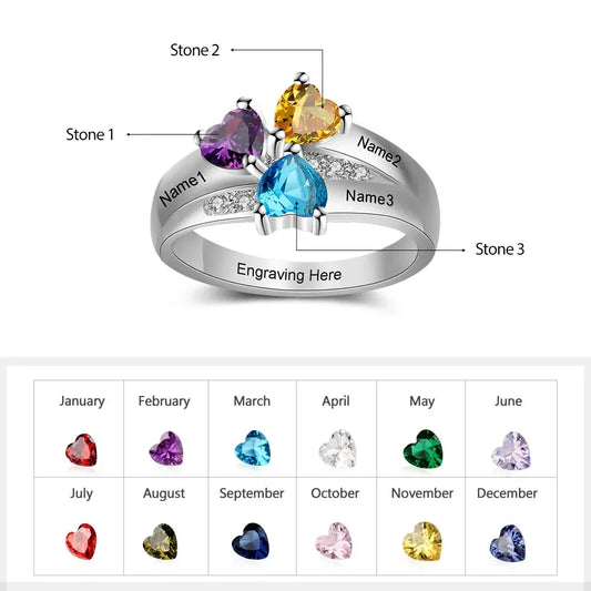 925 Sterling Silver Personalized Mothers Ring with 2-6 Heart Birthstone Custom Name Engagement Promise Rings for Women Grandma