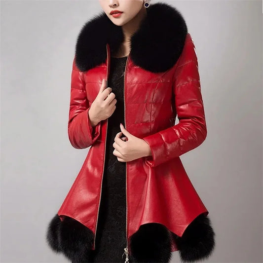 2025 Winter New PU Leather Jacket Faux Fur Coat Women Thick Warm Cotton Jacket Long Slim Oversize Leather Coat Fur Collar Coat