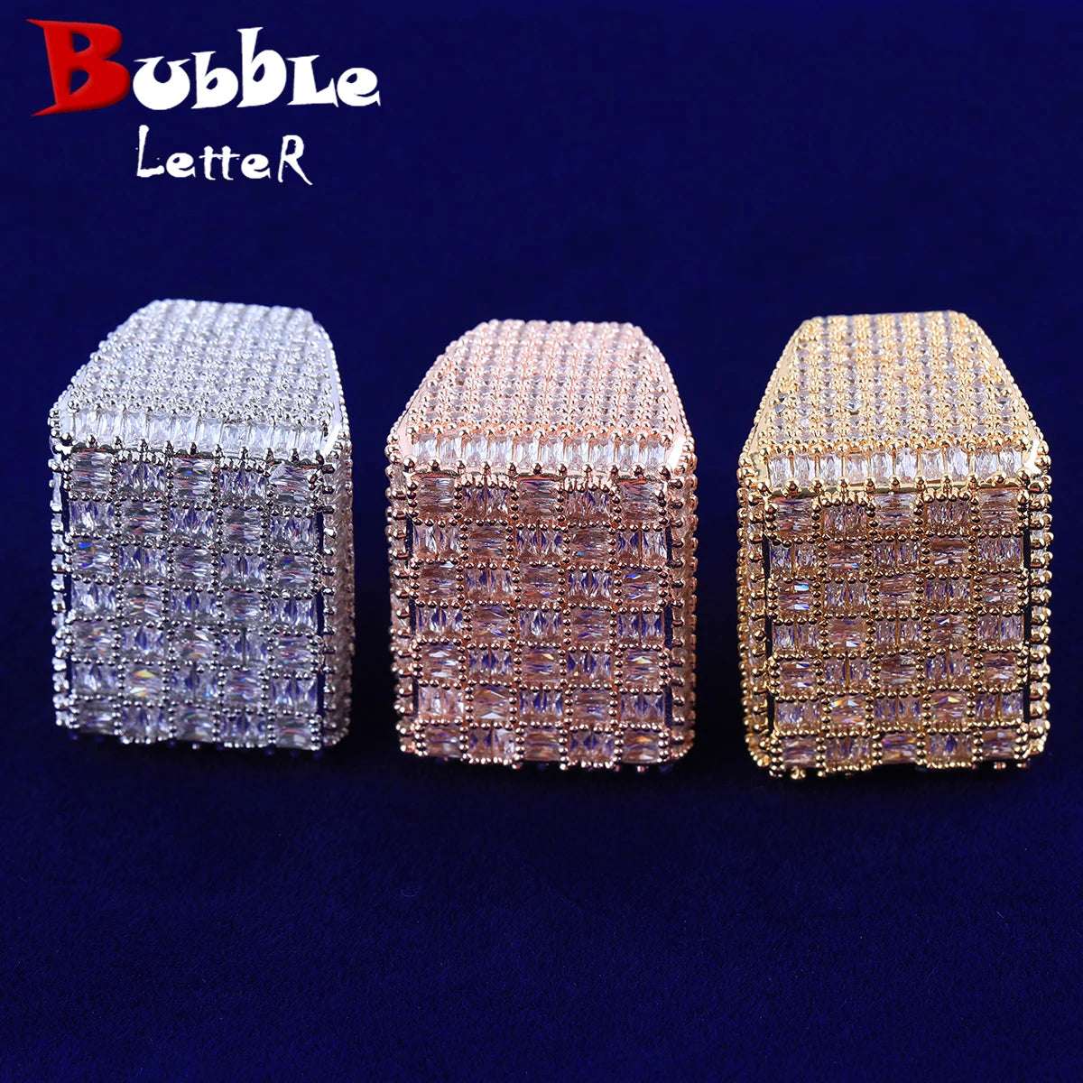 Bubble Letter Iced Out Baguette Ractangle Ring for Men's Micro Pave Cubiz Zirconia Hip Hop Jewelry