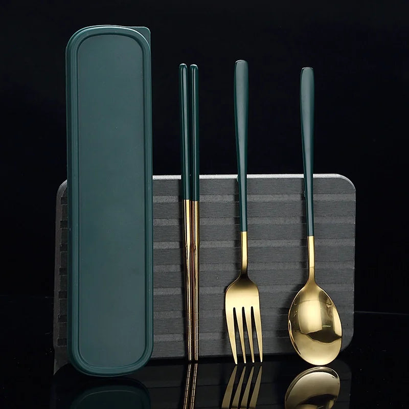 Compact Travel Silverware Set, Stainless Steel Utensils With Chic Green Handles & Case, Perfect For Picnic Office Lunch, Durable