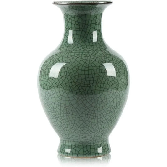 Chinese Ceramic Art Handmade Antique Ice Crack Glaze Vases Big China Porcelain Flower Bottle Vase for Home Decoration(Green)